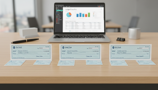 Business professional comparing different check formats on desk with accounting software open on computer screen