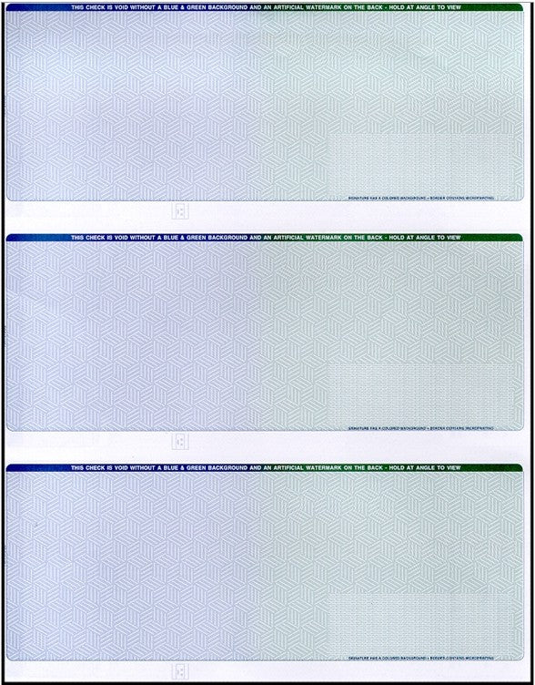 3 PER PAGE SECURITY BUSINESS CHECKS - BLANK LASER VOUCHER CHECKS - SUPER SECURE CHECKS (NO STUB) PREMIUM SECURITY CHECKS (BLUE GREEN) - 500/PACK
