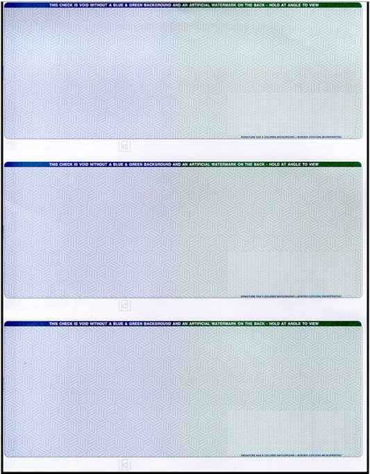 3 PER PAGE SECURITY BUSINESS CHECKS - BLANK LASER VOUCHER CHECKS - SUPER SECURE CHECKS (NO STUB) PREMIUM SECURITY CHECKS (BLUE GREEN) - 500/PACK
