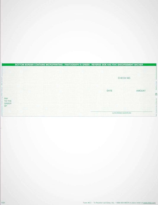 C1 - BUSINESS LASER CHECKS - ECONOMY VALUE MIDDLE CHECKS (GREEN) - 500/PACK - Check Papers - CHAX SOFTWARE INC
