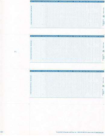 C30 - 3 PER PAGE PERSONAL SIZE LASER CHECKS (NO STUBS) - PREMIUM SECURITY CHECKS (BLUE) - 300/PACK - Check Papers - CHAX SOFTWARE INC